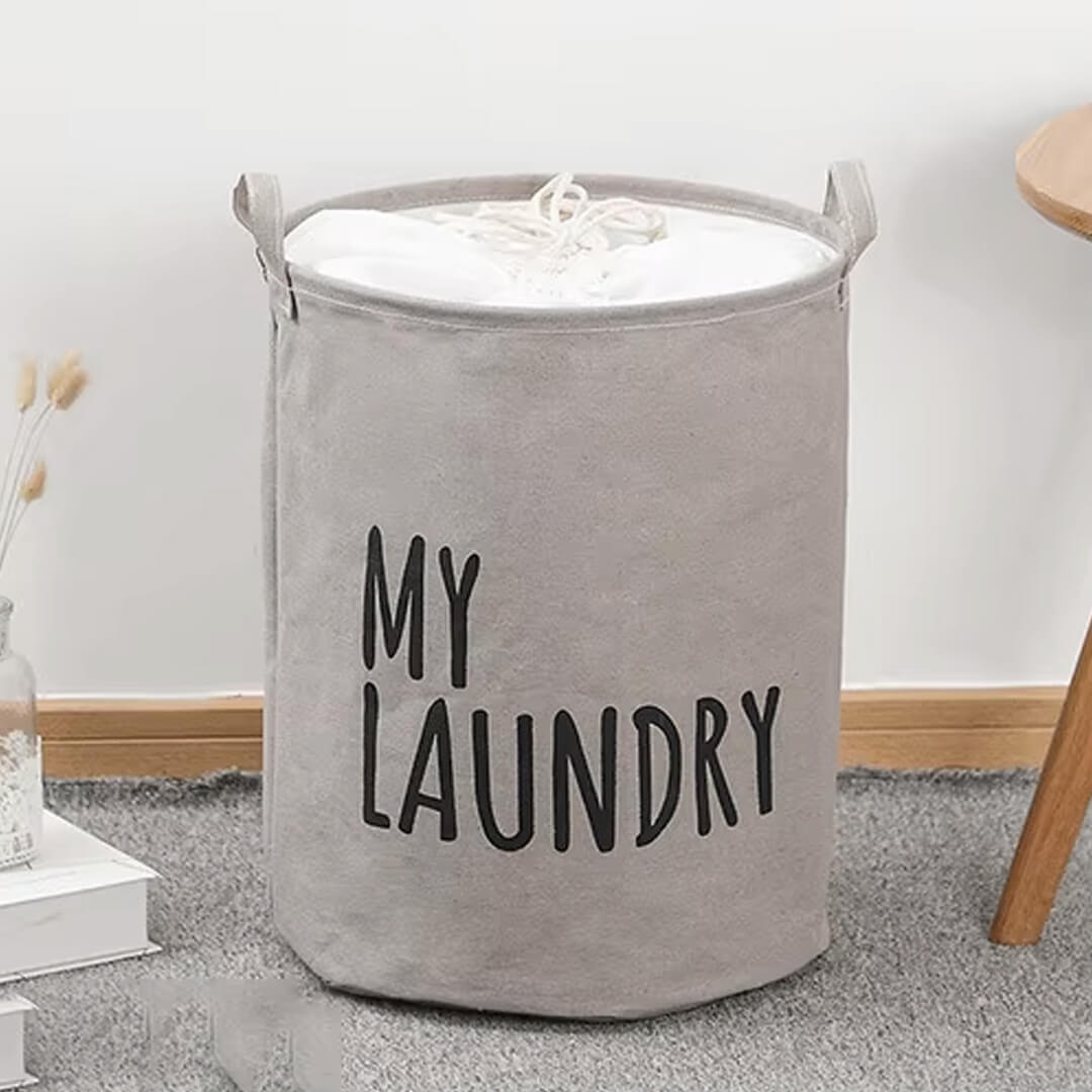 Collapsible Laundry Basket with Drawstring Closure, grey color