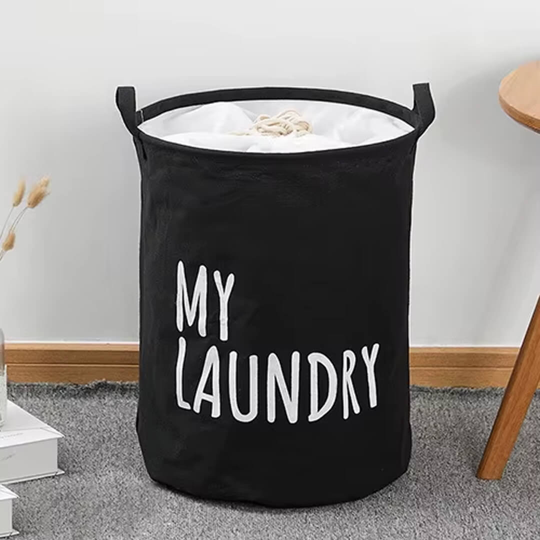 Collapsible Laundry Basket with Drawstring Closure, black color