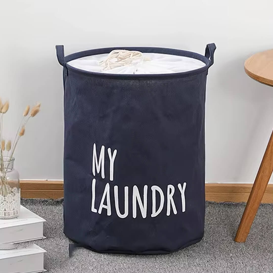 Collapsible Laundry Basket with Drawstring Closure, Navy color