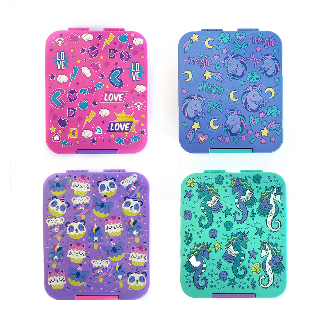 Colorful Themed Lunch Boxes with 4 Compartments for Girls - BPA FREE