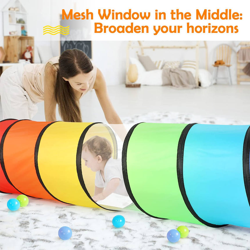 Rainbow pop-up play tunnel for indoor and outdoor fun