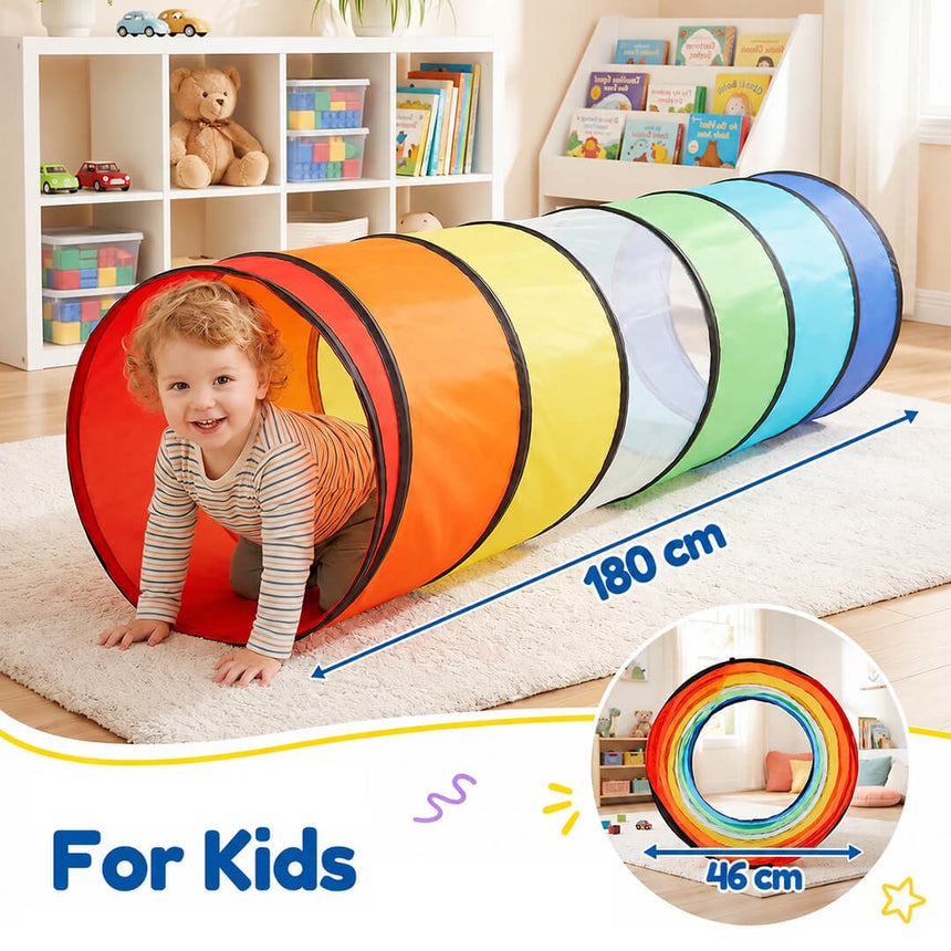 Kids colorful crawl tunnel measuring 180 cm long