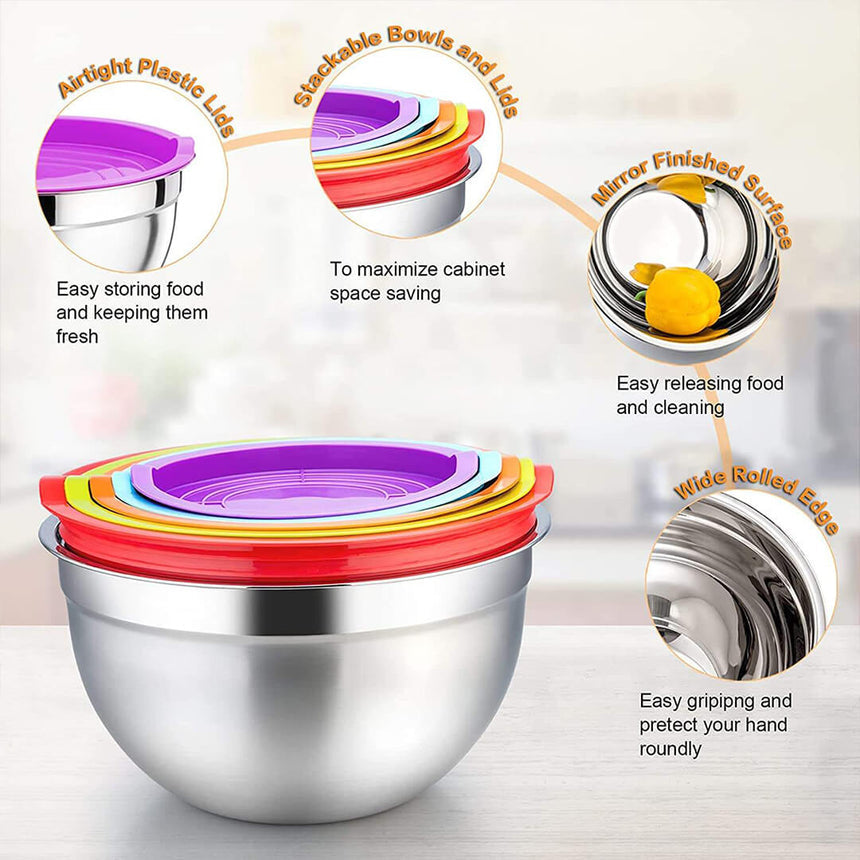 7Pcs Stainless Steel Salad Bowl Set With Lid - 18-30Cm