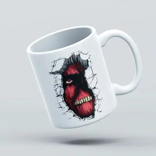 White mug with a red and black graphic design on a light gray background