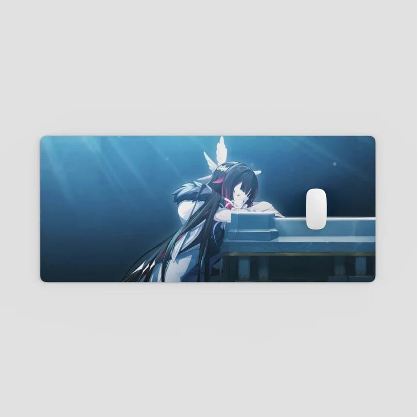 Anime character with long hair and a helmet sitting on a piano with a blue background