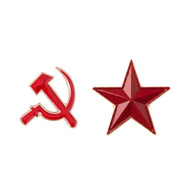 Two red enamel pins on a plain white background: a hammer and sickle on the left and a five-point star on the right, both outlined in gold-toned metal.