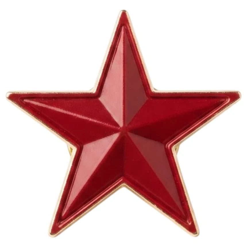 A glossy red five-pointed star badge with a gold metal outline, shown against a plain white background.