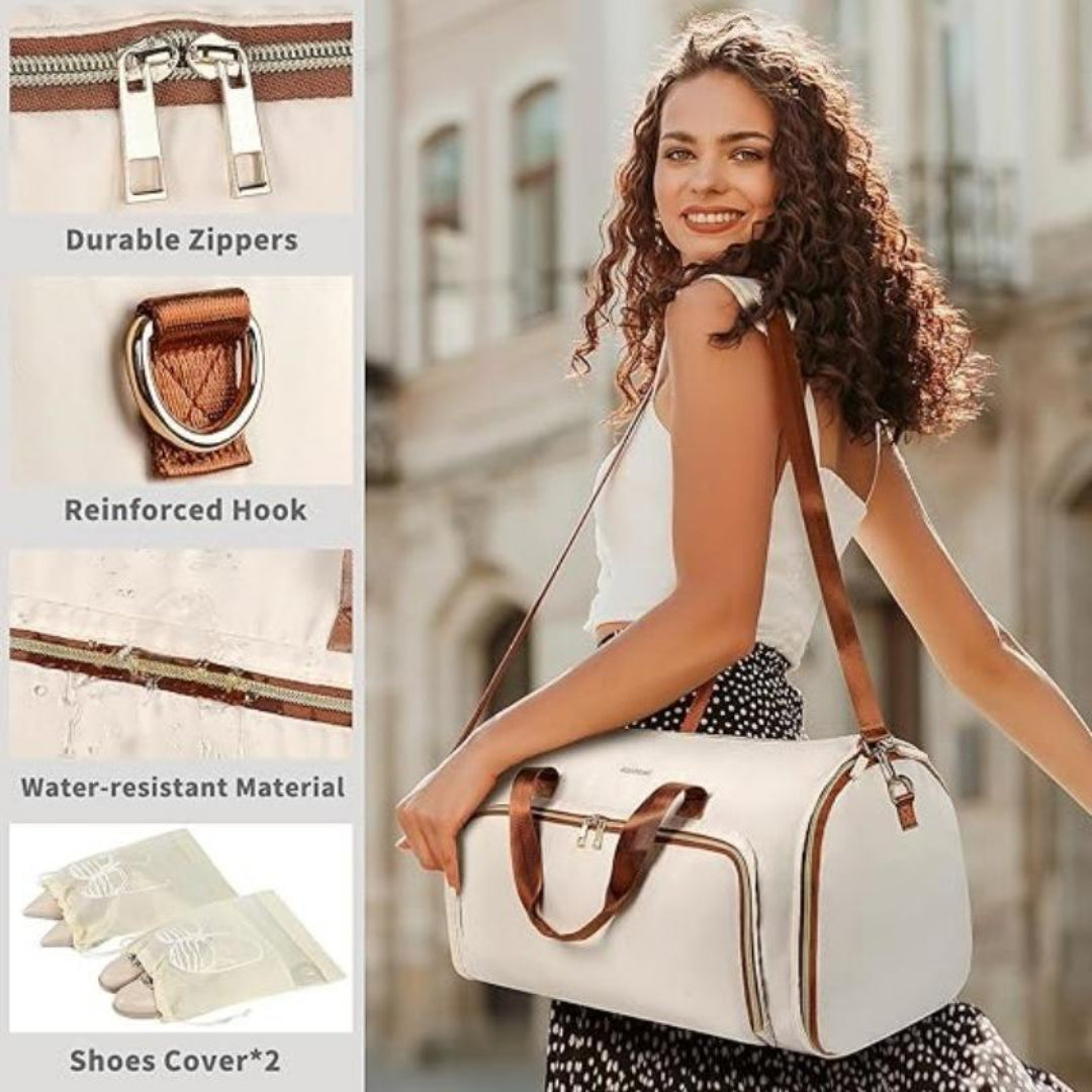 Convertible beige travel garment bag with sleek design, water-resistant
