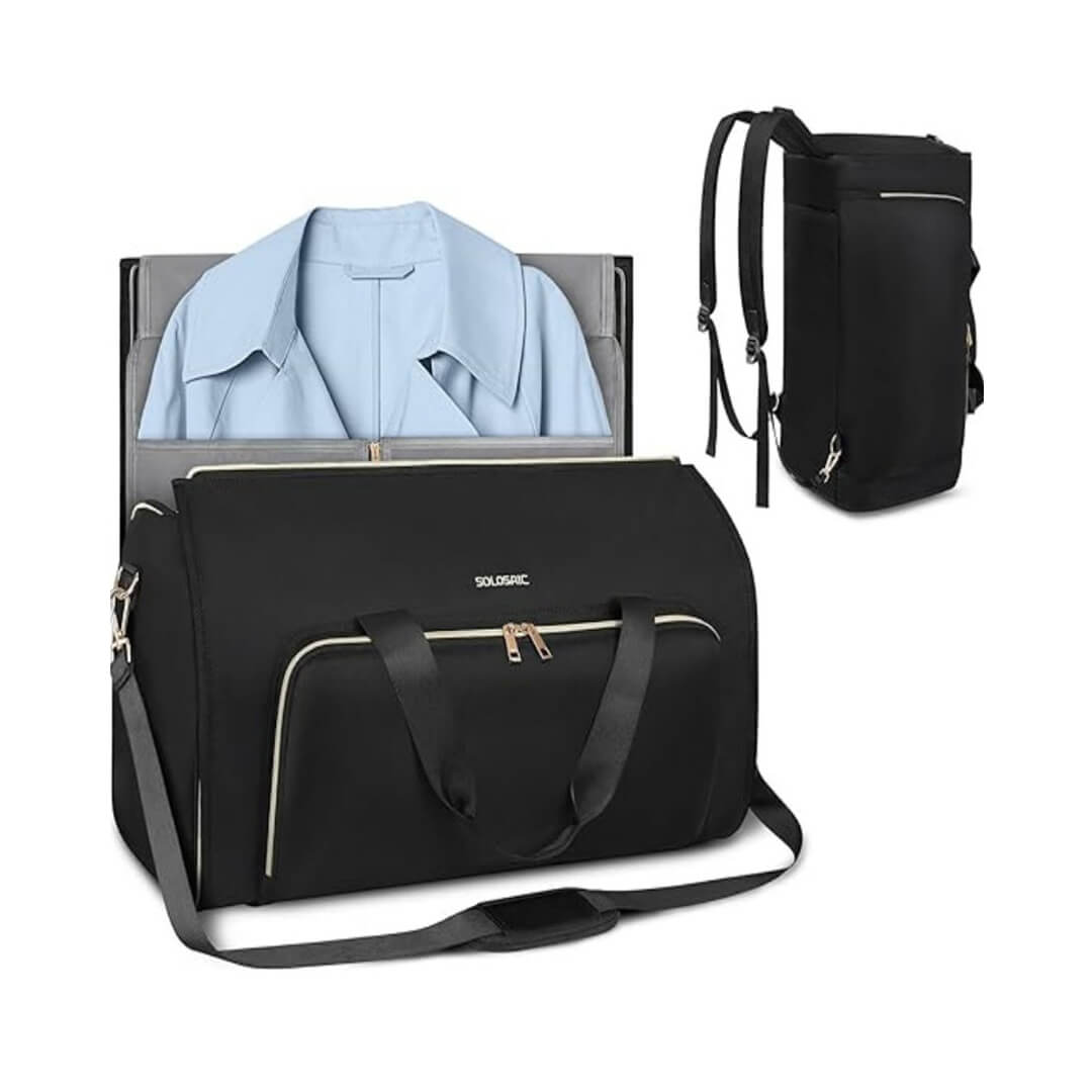 Convertible black garment bag backpack with waterproof exterior