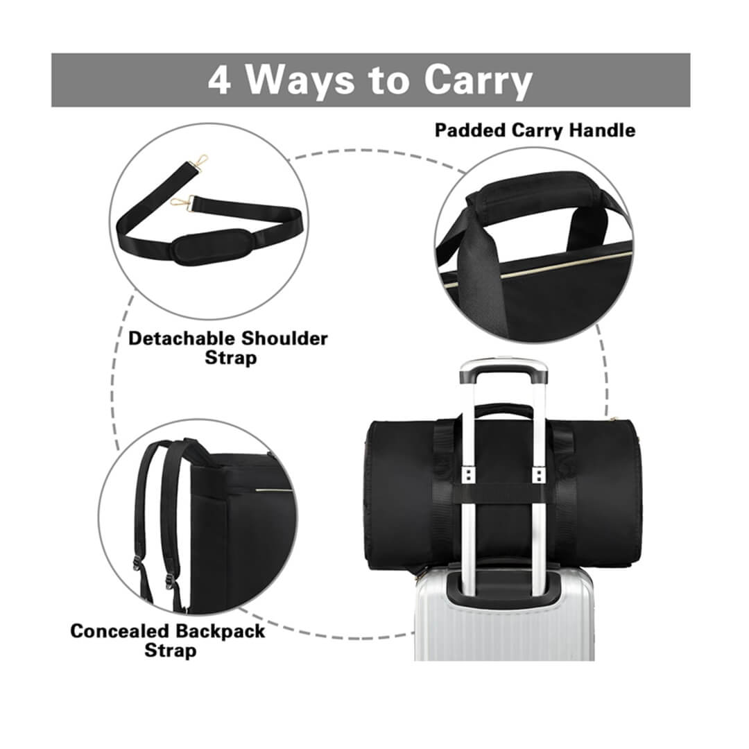 Black waterproof travel garment bag, 4 ways to carry.