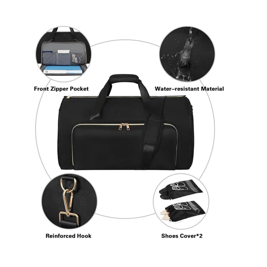 Water-resistant black garment handbag, backpack, and shoulder bag.