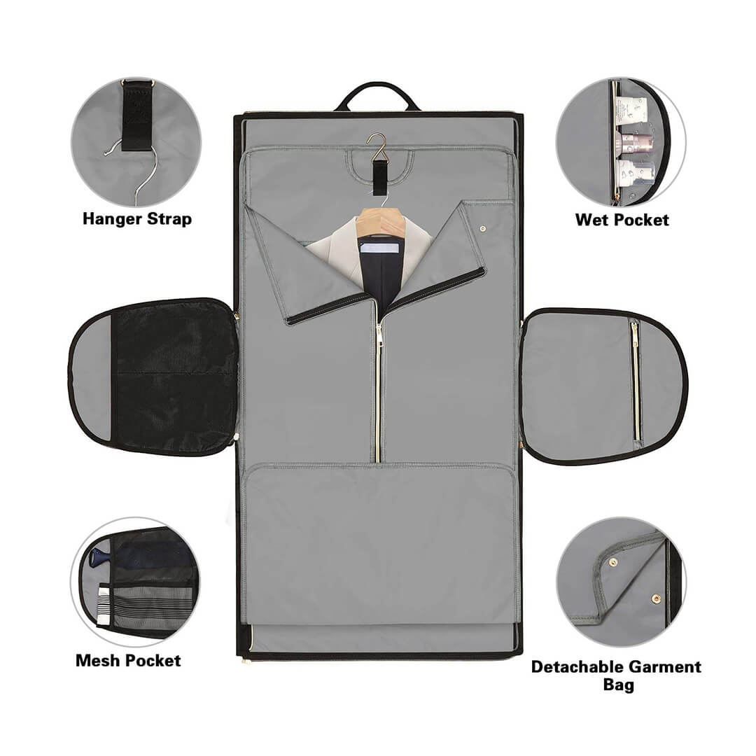 Convertible black garment bag with hanging suit compartment