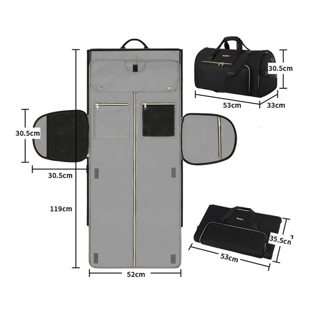 Black waterproof garment bag for business travel, dimensions