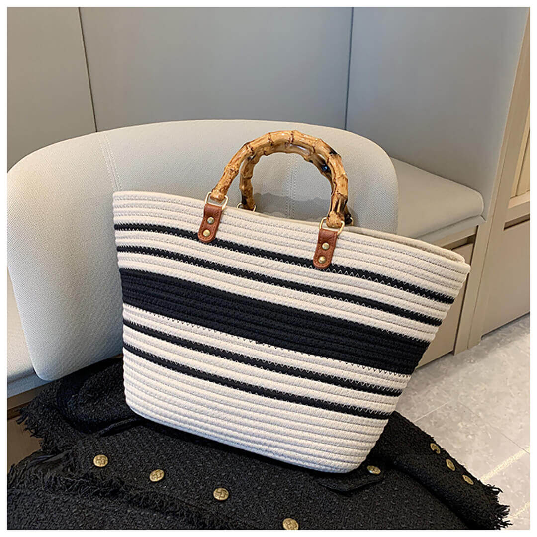Striped cotton shopping tote bag for women