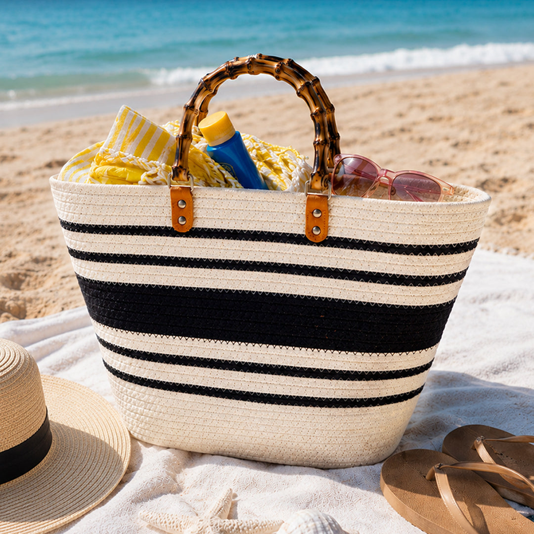 Cotton woven striped tote bag with bamboo handles, beige and black