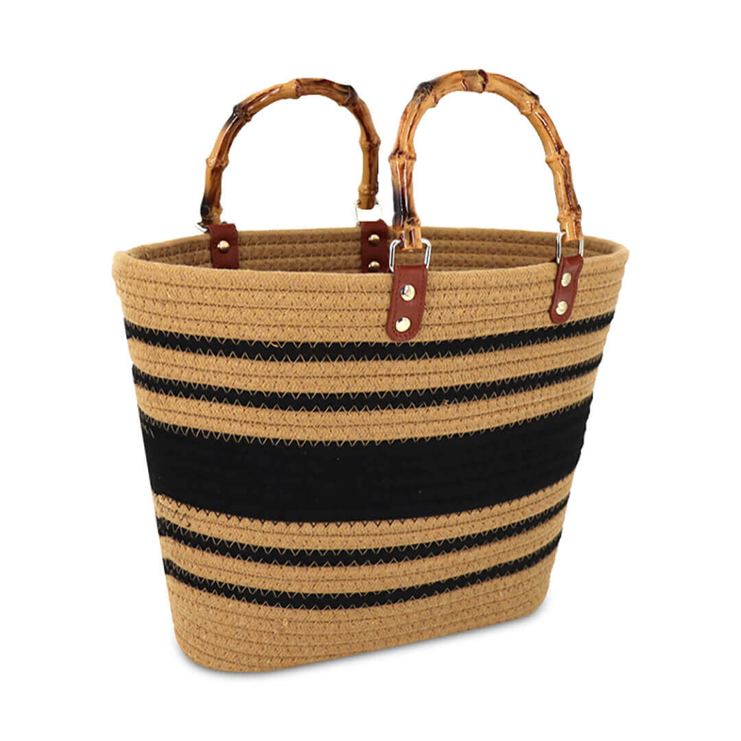 Cotton woven beach bag in brown and black stripes