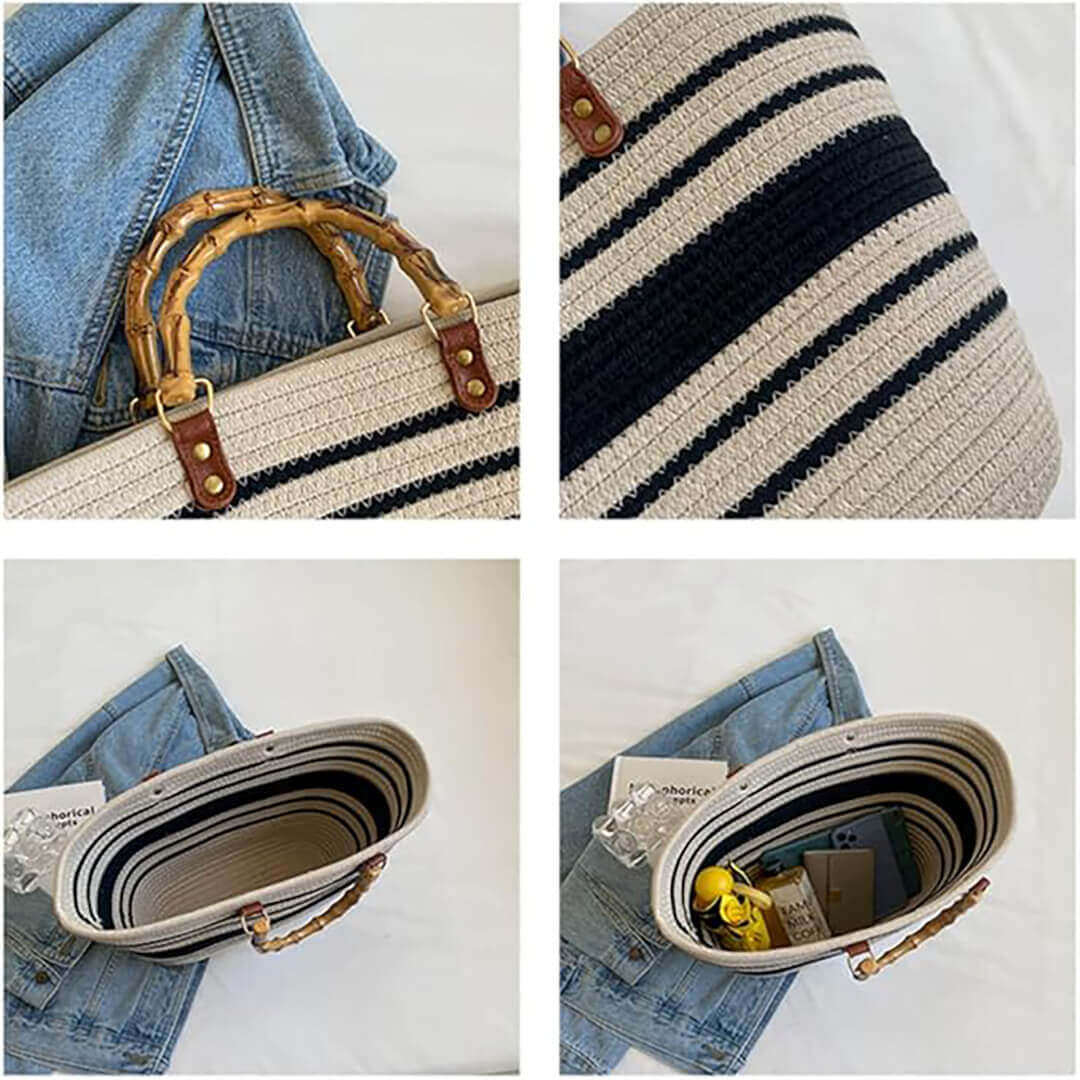 Bamboo handle tote bag with woven cotton design for daily use