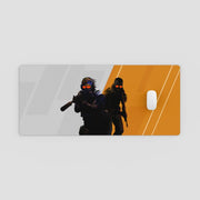 Mouse pad with two characters in tactical gear on a gray and orange background