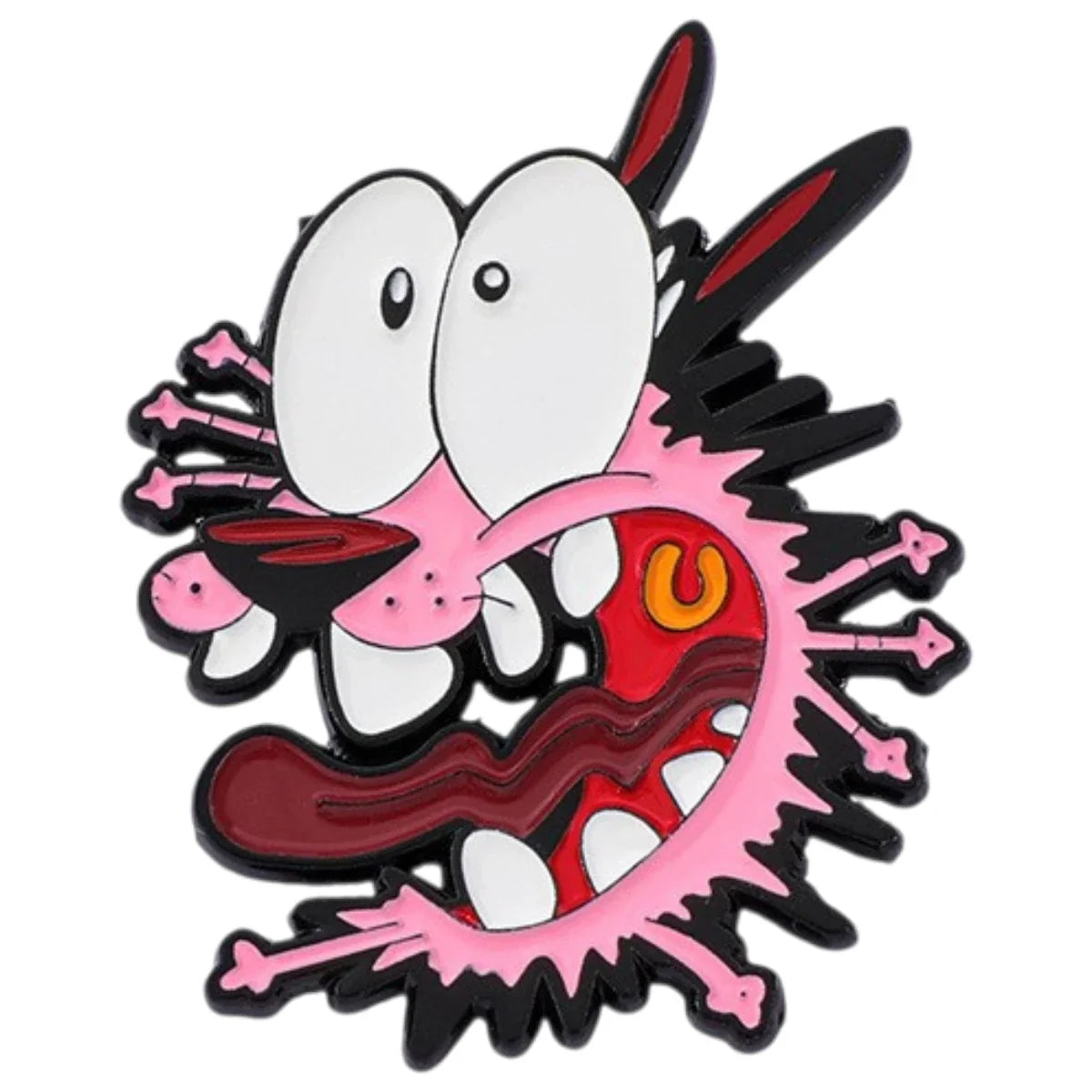 A cartoon enamel pin of a distorted, spiky cat character with large white eyes, pink and red features, and black outlines, shown on a plain white background.