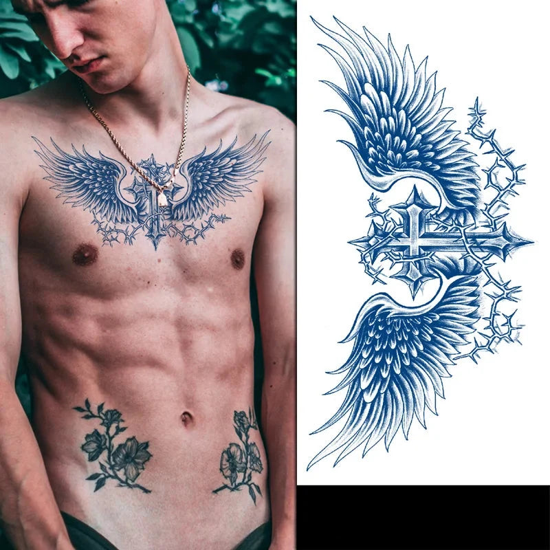 Man with blue angel wing and cross tattoo on chest, matching temporary tattoo design on white background.