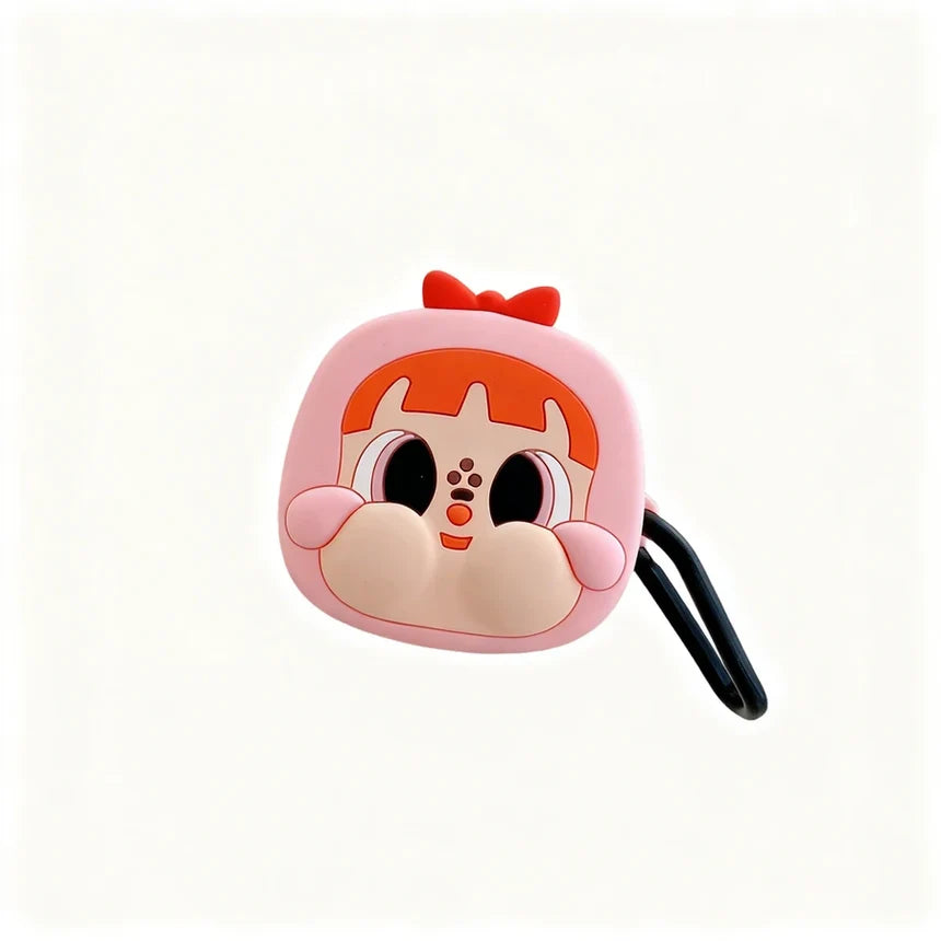 Pink cartoon character hair clip with a black elastic band on a white background