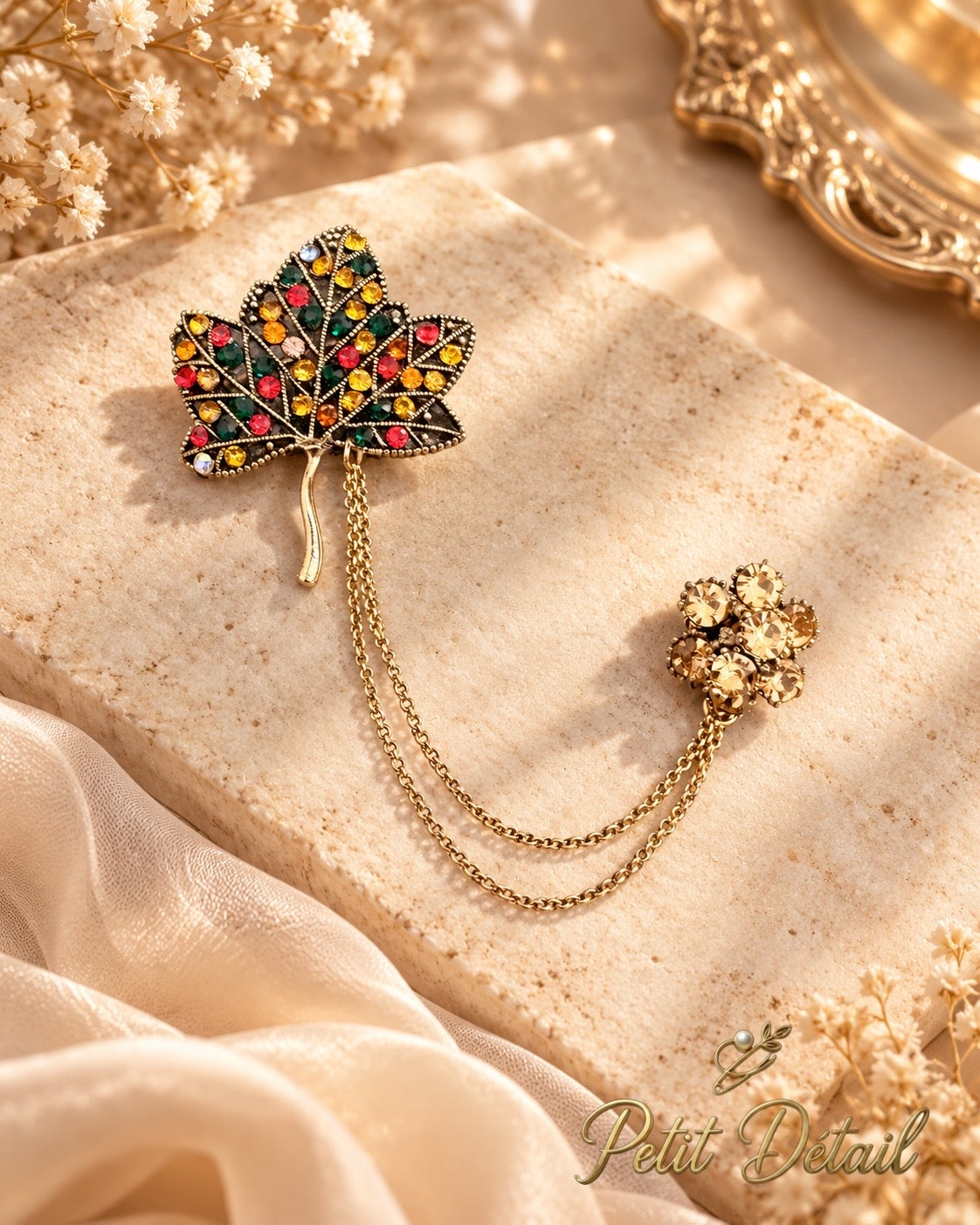 Multicolor Crystal Maple Leaf Chatelaine Brooch Petit Détail Lebanon