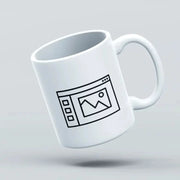 A white ceramic mug with a custom graphic design, depicting a web page with a camera icon, shown in mid-air against a grey background.