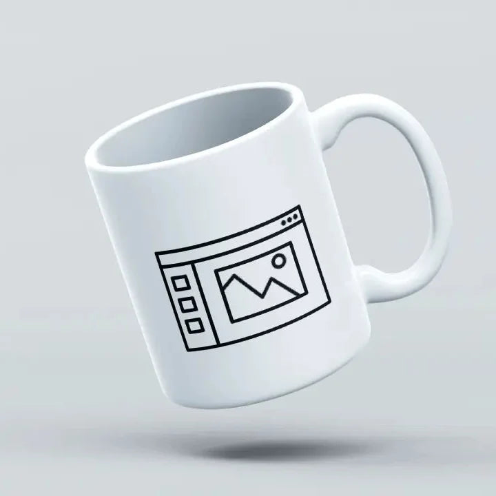 A white ceramic mug with a custom graphic design, depicting a web page with a camera icon, shown in mid-air against a grey background.