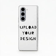 A clear smartphone case shown on a white phone, with the text 'UPLOAD YOUR DESIGN' printed in black on the back, set against a plain white background.