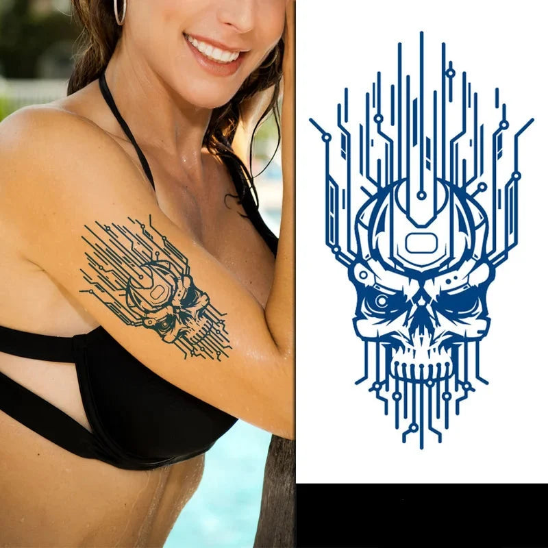 Cyber Skull Circuitry Tattoo on female model arm