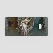 Phone case with artistic design of a person holding an umbrella on a gray background