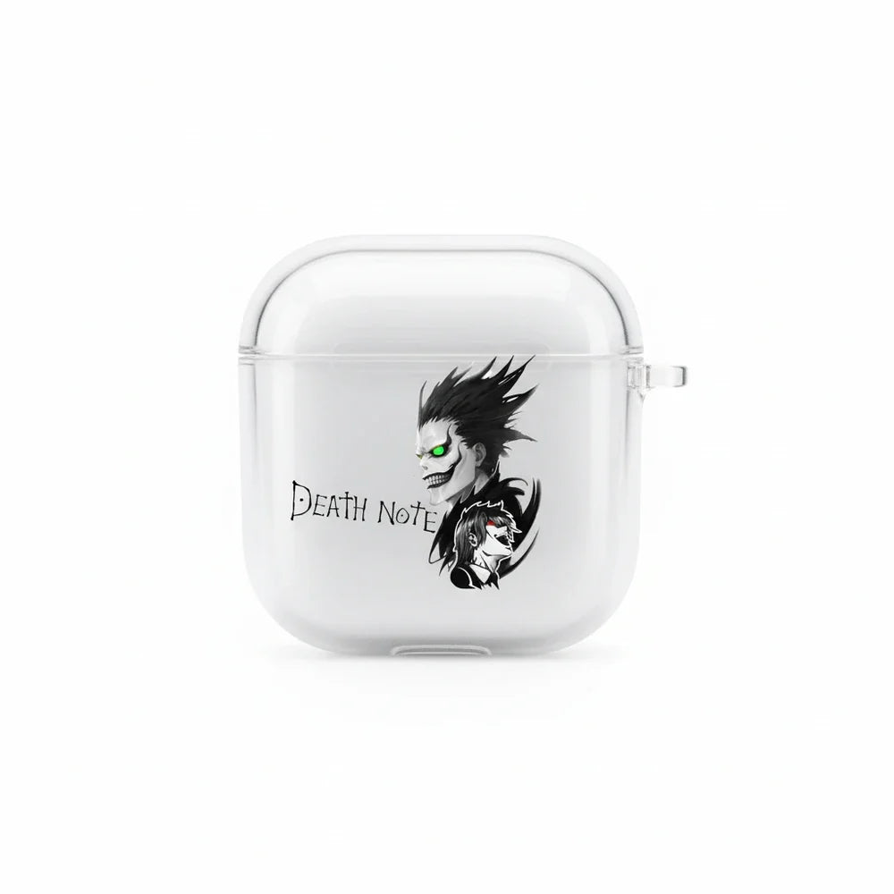 Clear case with 'Death Note' design featuring a character with spiky hair and green eyes on a white background.