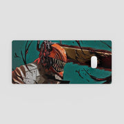 Phone case with a graphic design of a character with a mask on a teal background