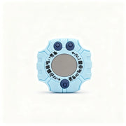 Blue circular object with two black buttons on a white background