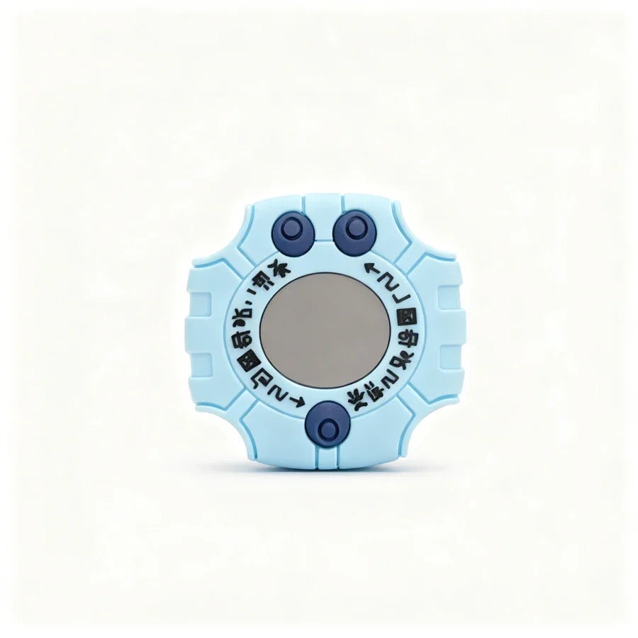 Blue circular object with two black buttons on a white background