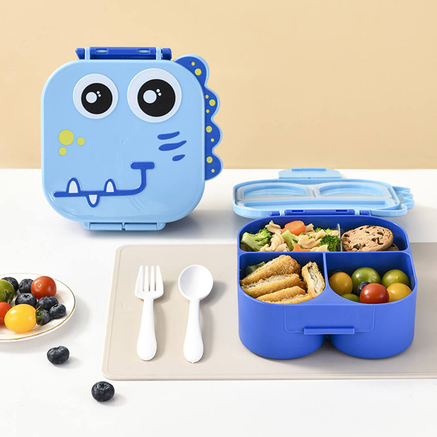BPA-free blue dinosaur lunch box with utensils