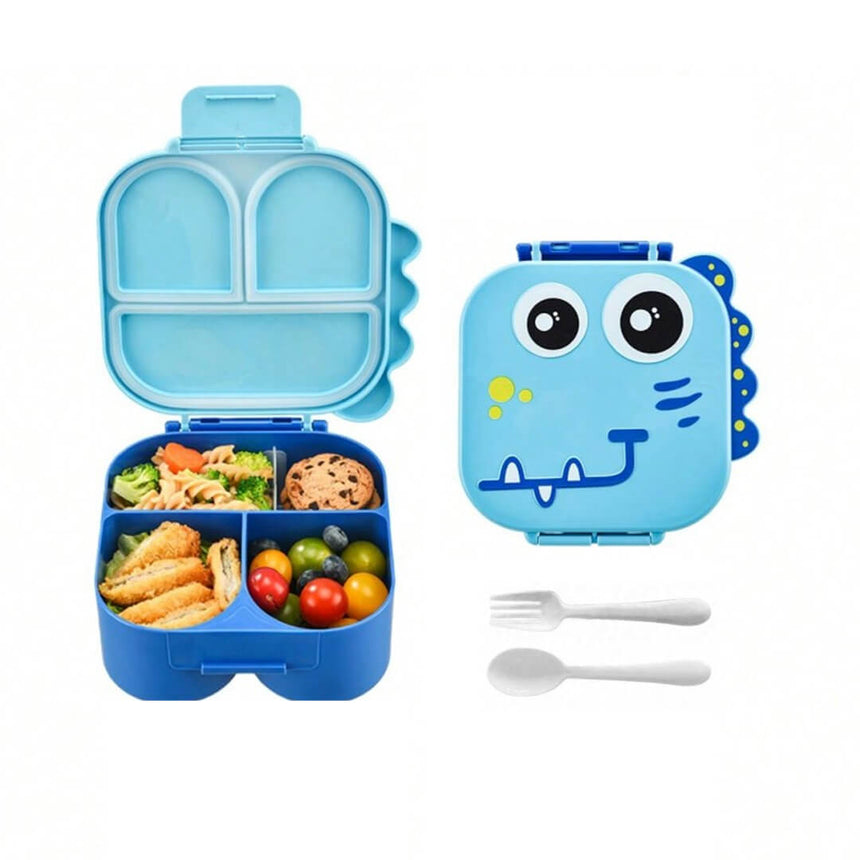Blue dinosaur-themed lunch box with food compartments and reusable utensils