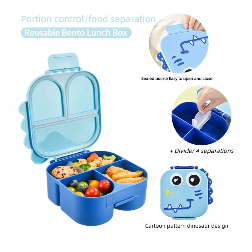 Lunch box with a dinosaur-themed cartoon face design, shown open with food compartments containing snacks and fruit.