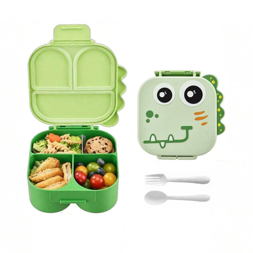 Green dinosaur-themed bento lunch box with reusable spoon and fork