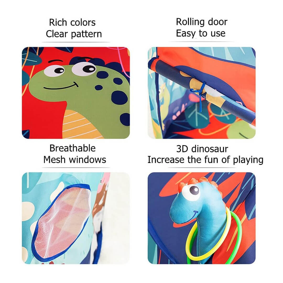 Dinosaur kids tent with roll-up entrance and mesh window