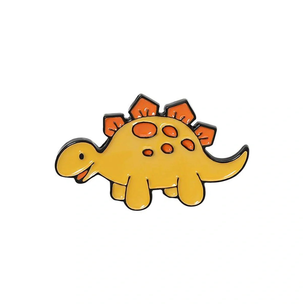 Yellow dinosaur-shaped pin with orange spikes on a white background