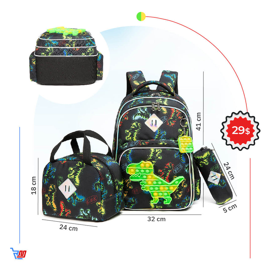 Dinosaur pop-it backpack set with dimensions for grade 1-4