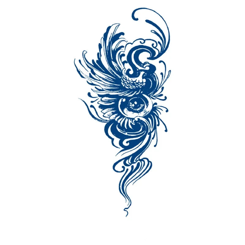 Blue tattoo design of a stylized eye on a white background