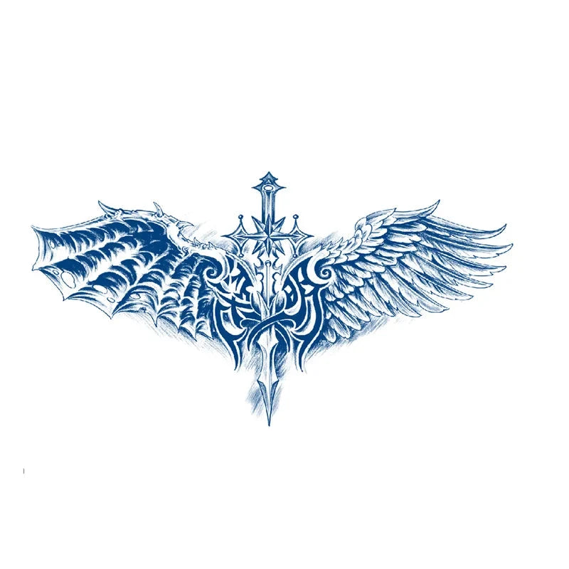Blue tattoo design of a winged sword with dimensions on a white background