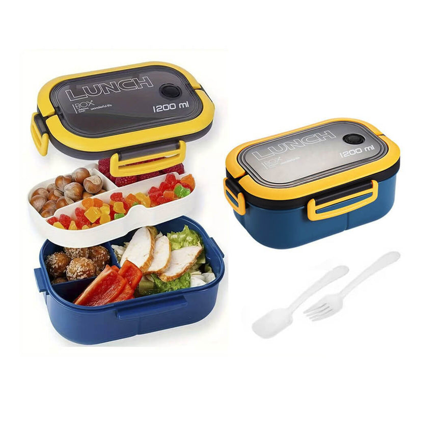 Navy and yellow double-layer lunch box with spoon and fork