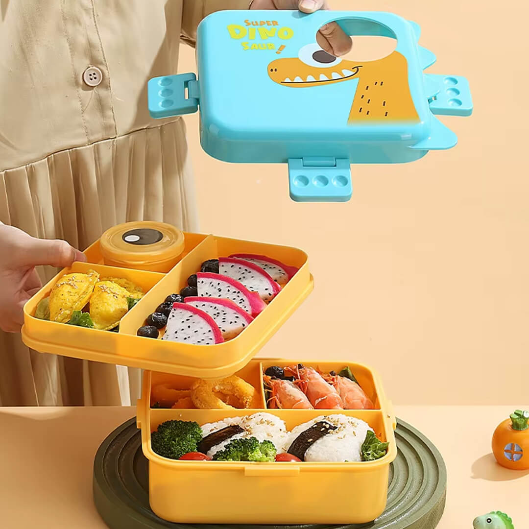 Dinosaur-themed lunch boxes with 6 compartments, sauce container and spoon