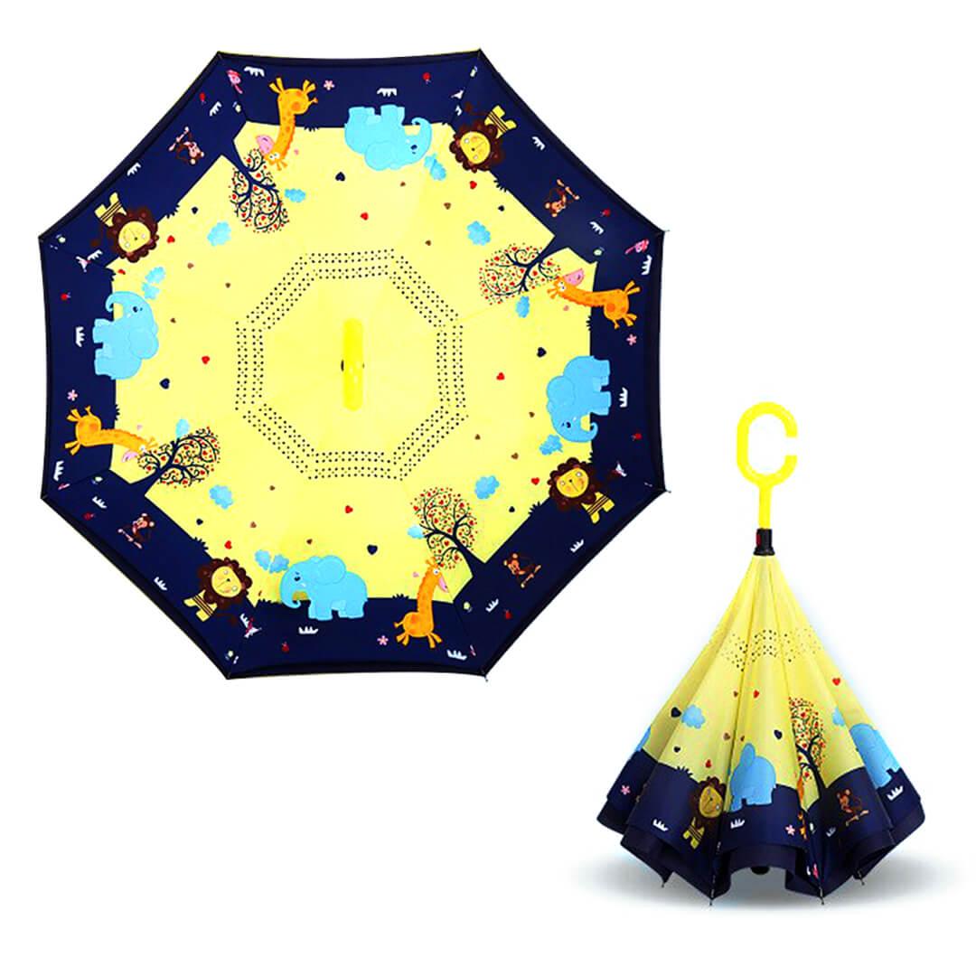 Kids Inverted Umbrella with C-Handle - Yellow Zoo