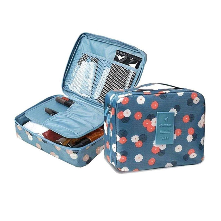 Portable Double Layer Makeup Organizer Bag Flowers Blue-Gray