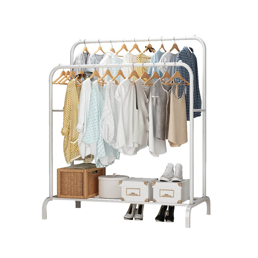 Metal garment rack with double hanging rods and shoe shelf