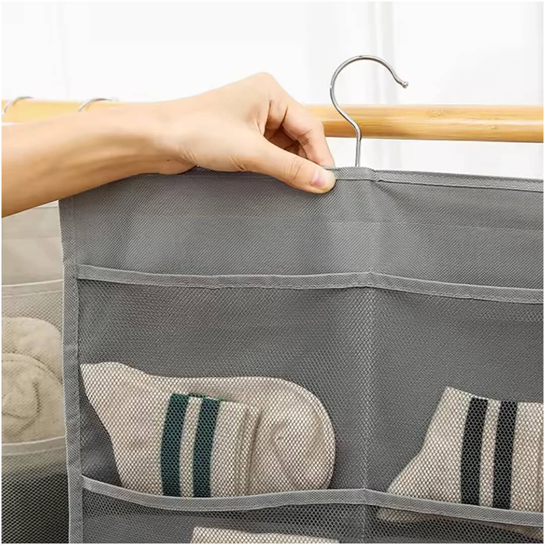 Foldable fabric closet organizer with rotating hook, close-up shot